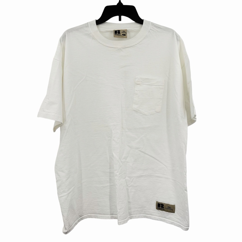 Vintage Russell Athletic Pocket Shirt‎ Mens Large White Pro Cotton Active Y2K